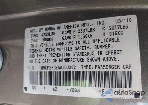 2010 Honda Accord 2.4 Lx из США, поврежденный, VIN 1HGCP2F39AA100262